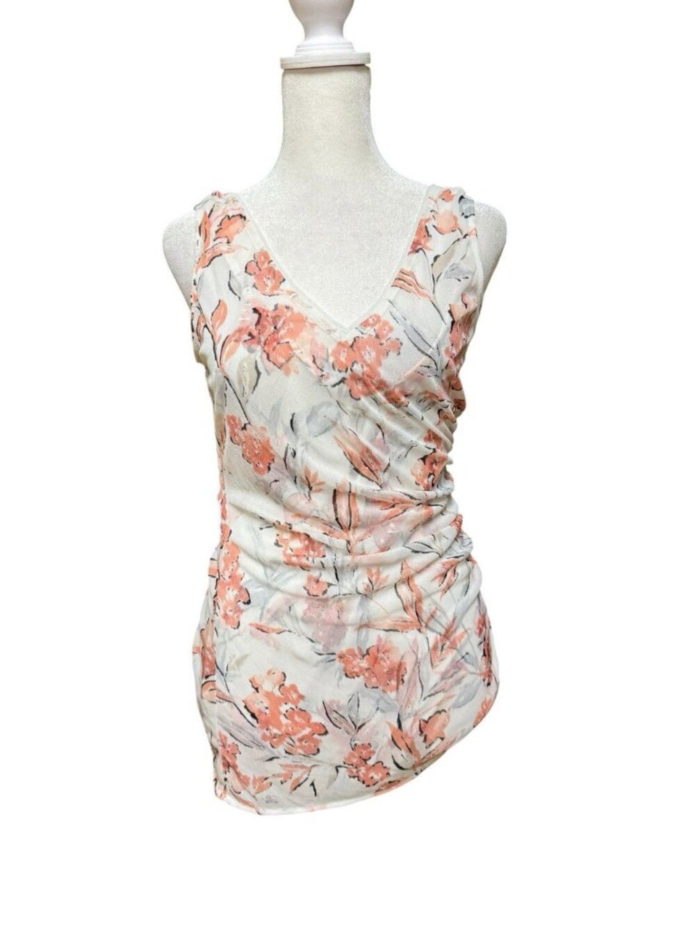 WHBM Floral Sleeveless Blouse Small Ruched Stretch V Neck Top